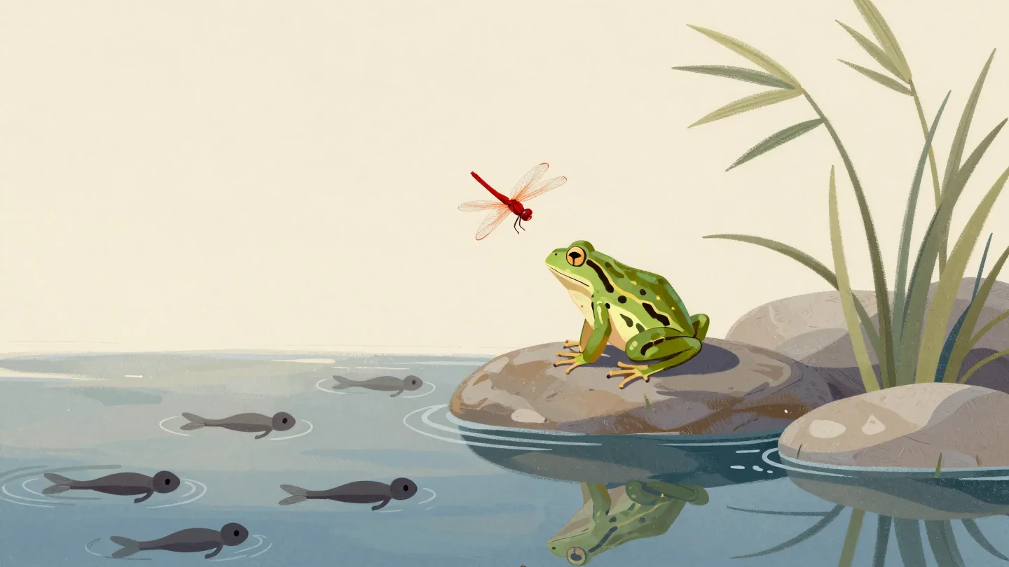 A frog on a stone at the edge of a pond with tadpoles in the water below, a red dragonfly above