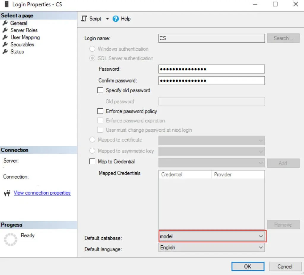 Model dialog in sql server 2016 login properties.
