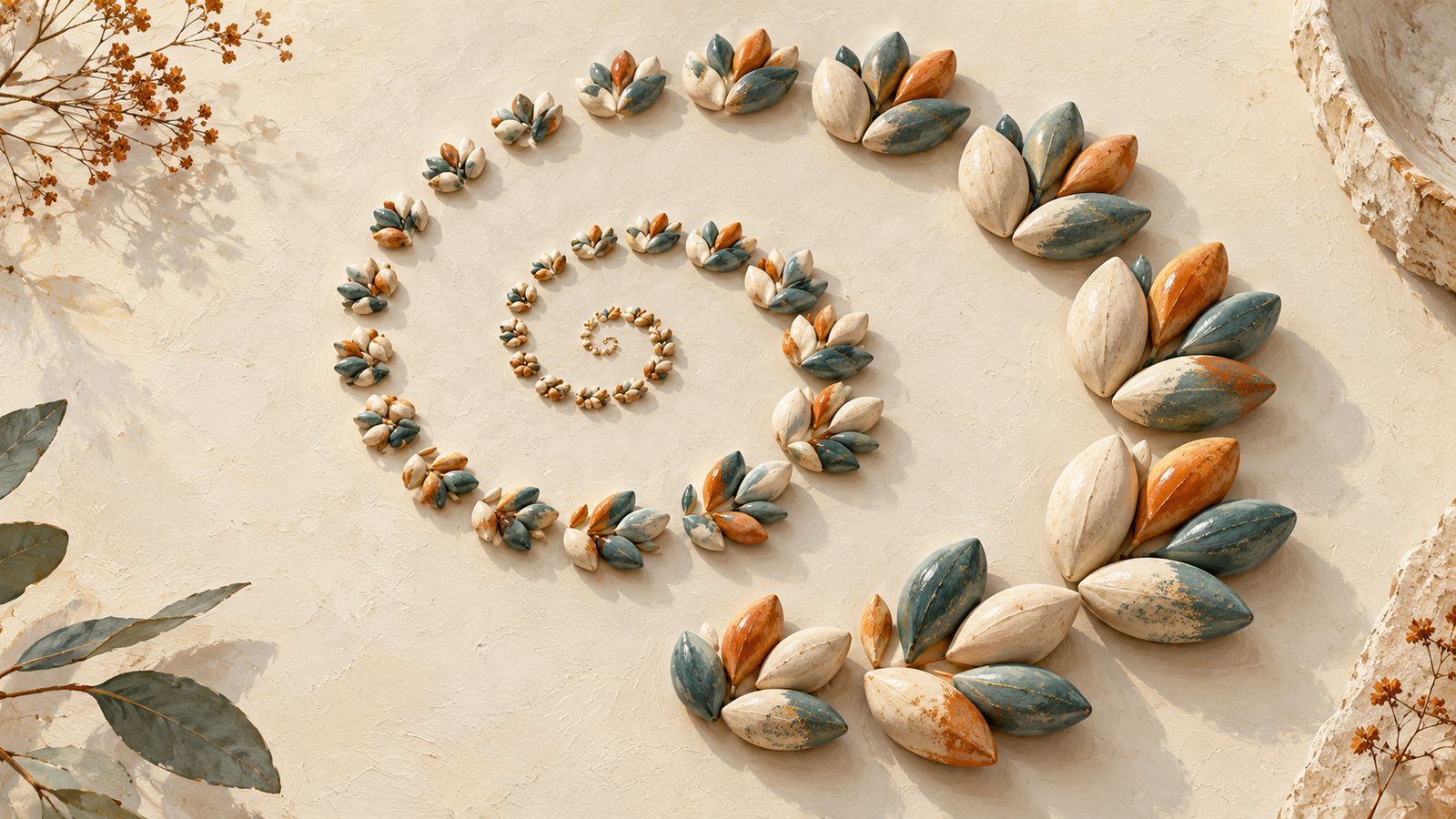 Seed clusters grow outward into a cumulative spiral