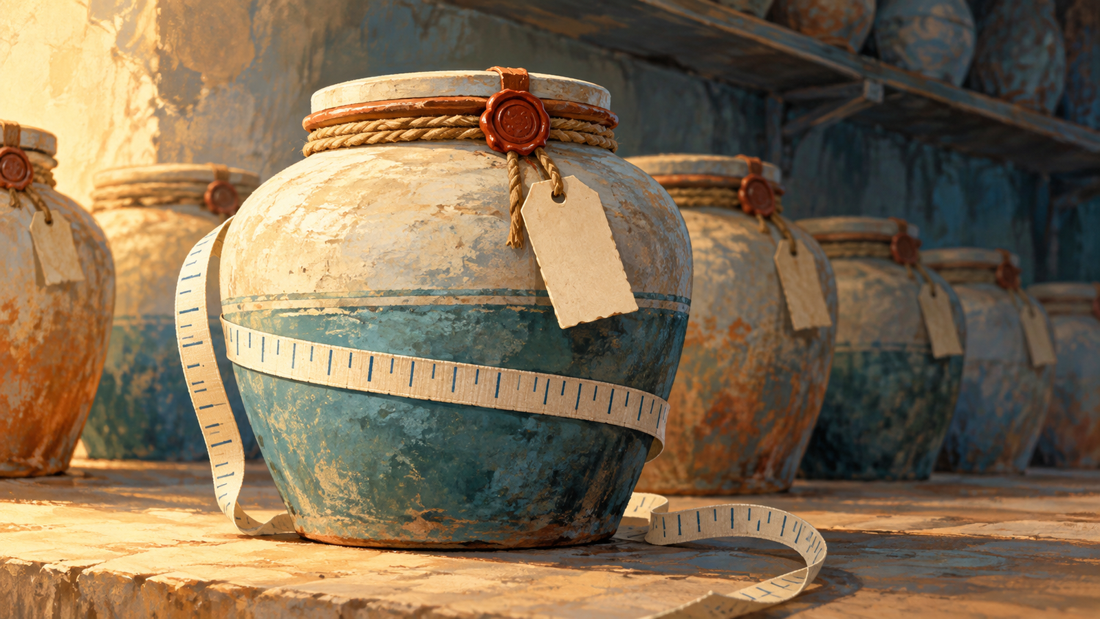 The newest sealed backup jar stands before older archives with a measuring ribbon