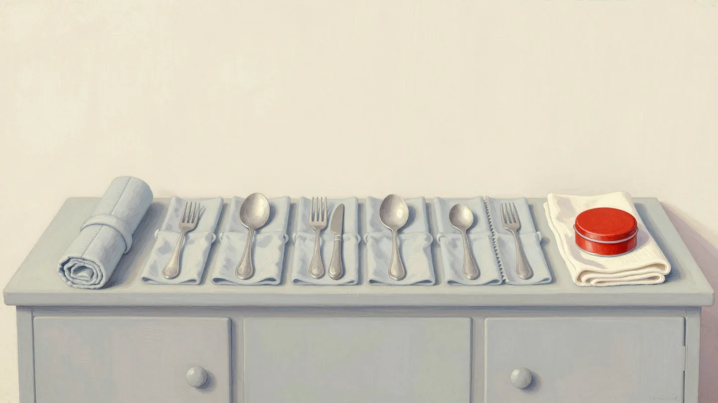 Seven cloth bundles of silverware on a sideboard, one opened and freshly polished beside a red tin.