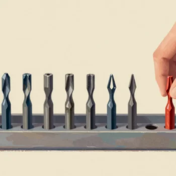 A hand placing a missing red drill bit into the one empty slot of a drill bit case