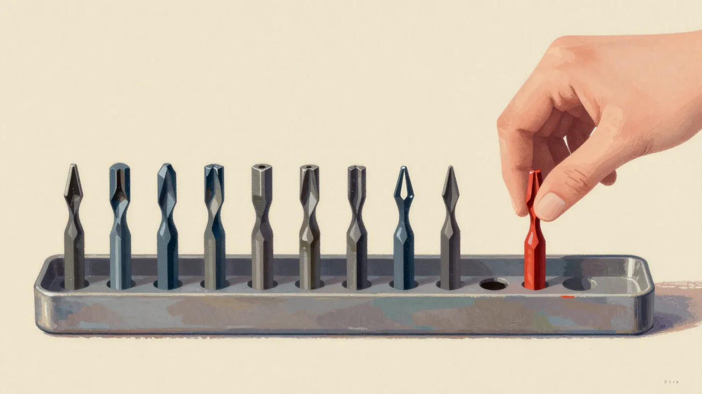 A hand placing a missing red drill bit into the one empty slot of a drill bit case