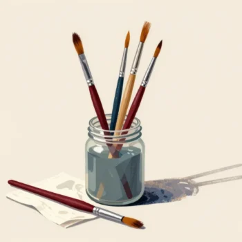 Six paintbrushes jammed into one small jar at once, a red brush waiting on a rag beside it
