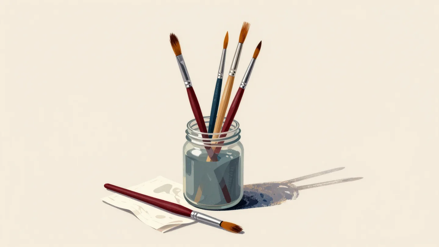 Six paintbrushes jammed into one small jar at once, a red brush waiting on a rag beside it