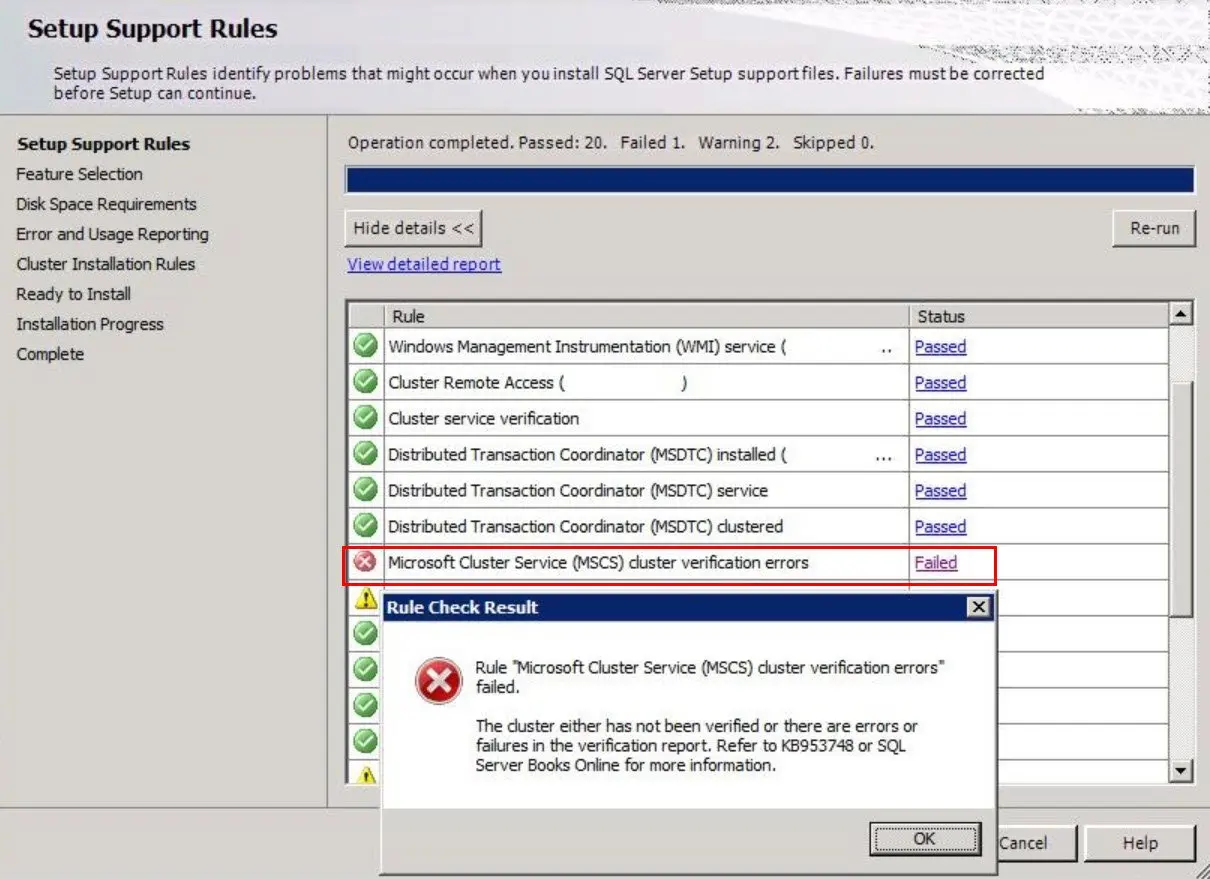 Microsoft Cluster Service errors dialog box.