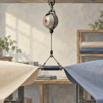 A spring balancer supporting a linked guide between two fabric rolls