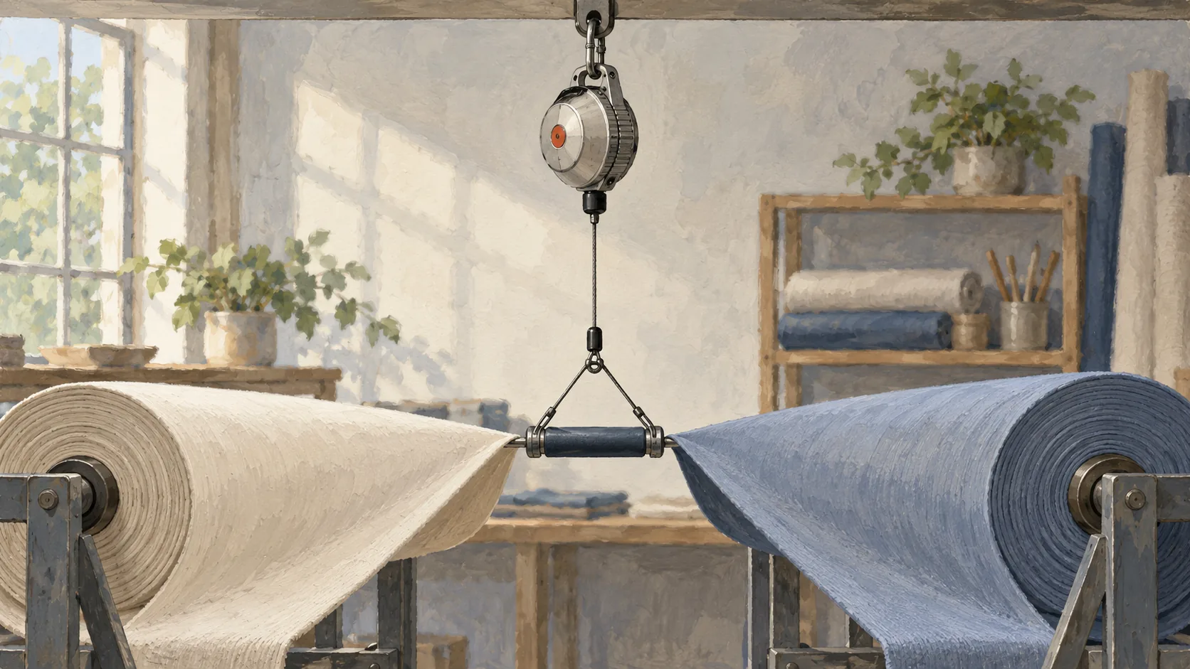 A spring balancer supporting a linked guide between two fabric rolls
