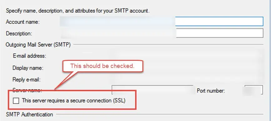 SMTP setup error dialog.