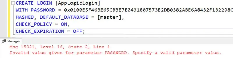 Invalid value given for parameter password.