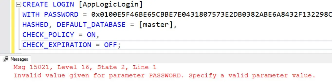 Invalid value given for parameter password.