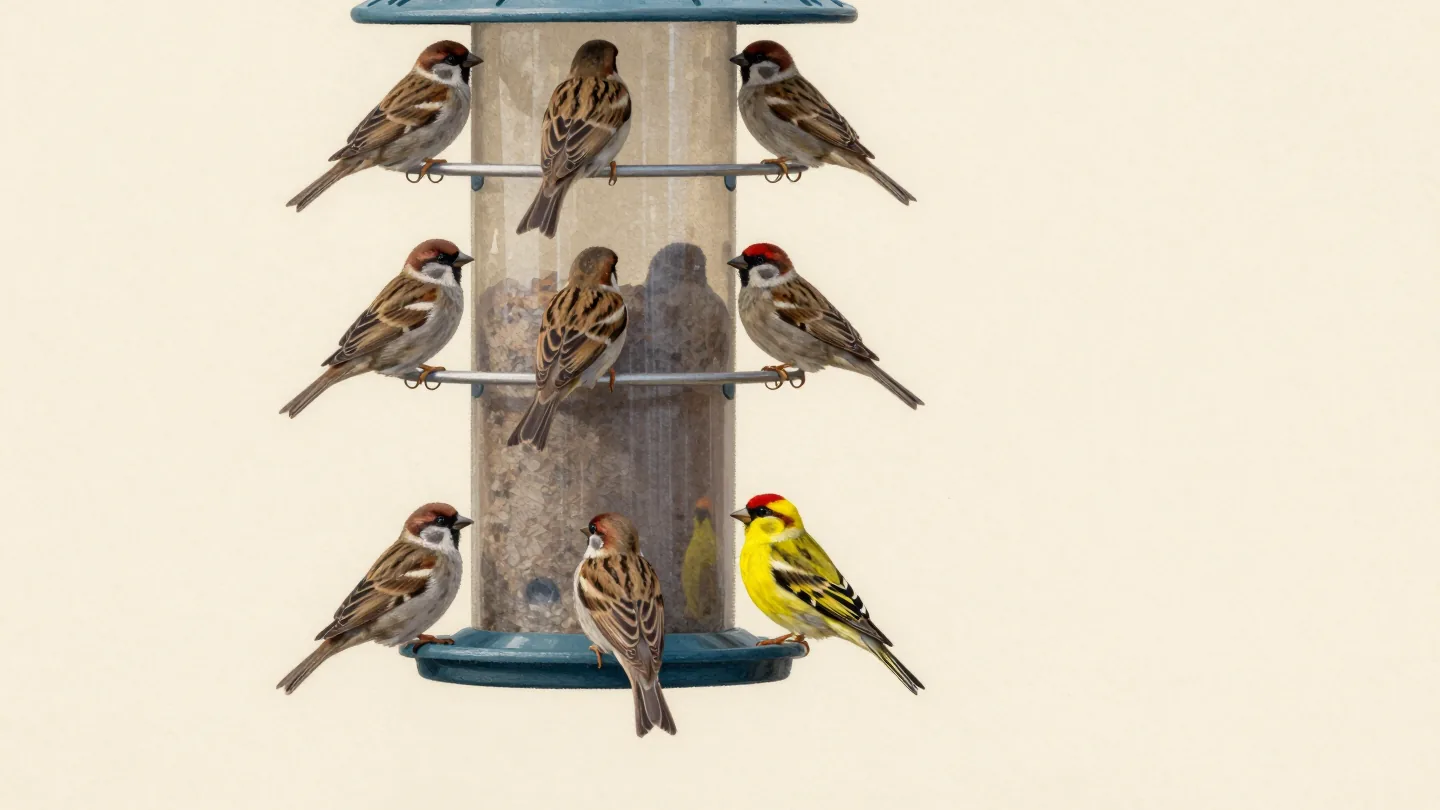 Several similar sparrows and one different bird gather at a feeder