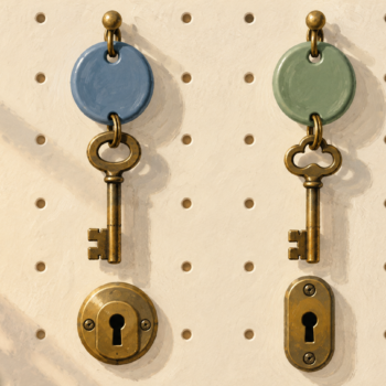 Different service keys and blank colored fobs hang above separate locks