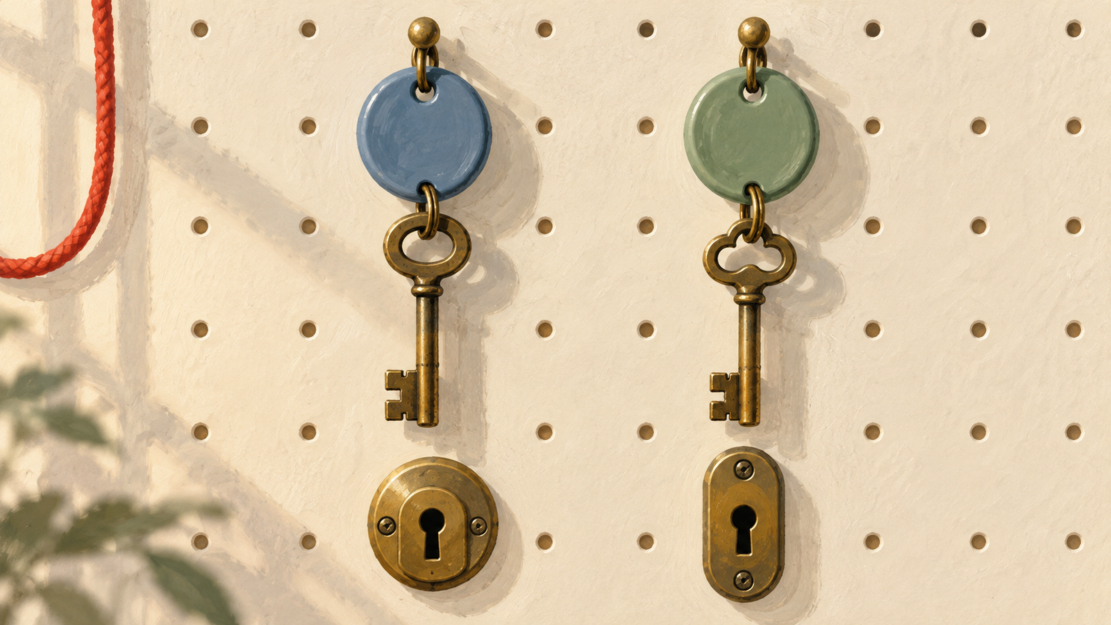 Different service keys and blank colored fobs hang above separate locks