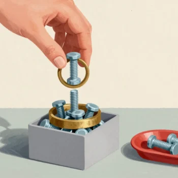 A hand dropping bolts through a brass ring gauge, one oversized bolt caught on the rim