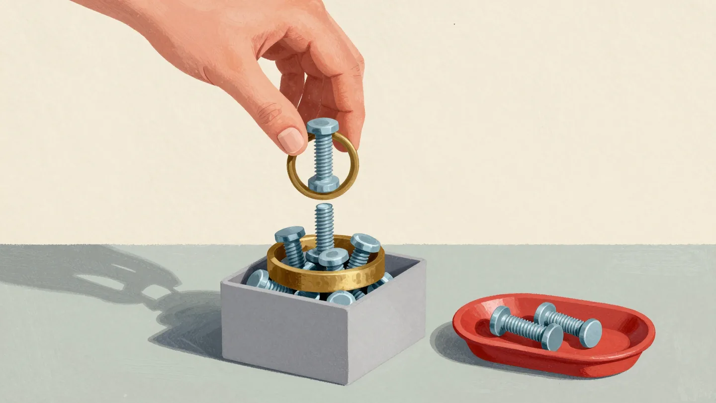 A hand dropping bolts through a brass ring gauge, one oversized bolt caught on the rim