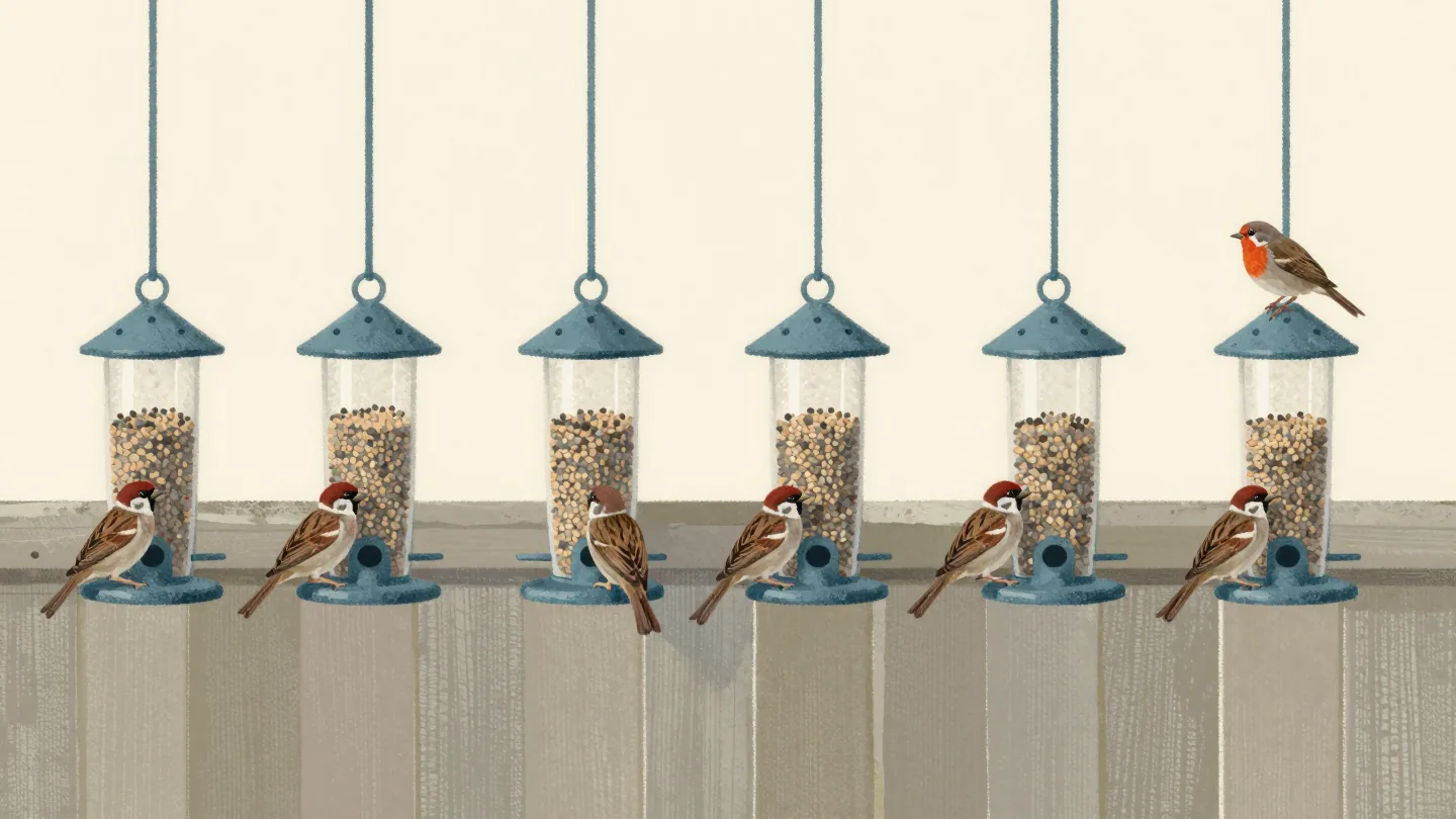 Six evenly spaced bird feeders on a fence, a flock of sparrows crowding one and a robin alone on another