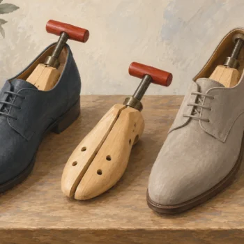 Two differently colored shoes fitting the same adjustable shoe stretcher