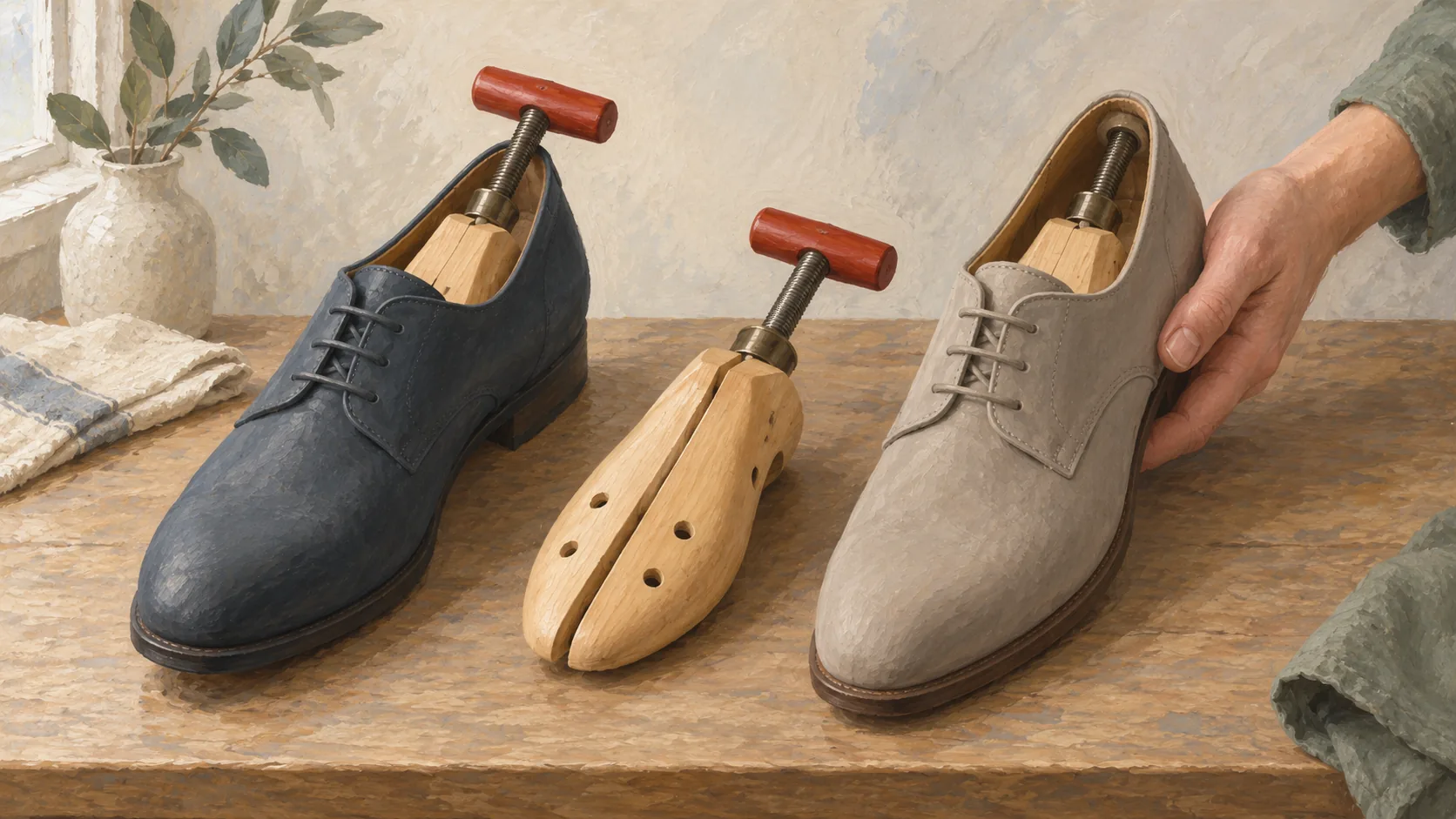 Two differently colored shoes fitting the same adjustable shoe stretcher