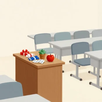 An empty classroom lectern covered in small gifts from students, a red apple on top