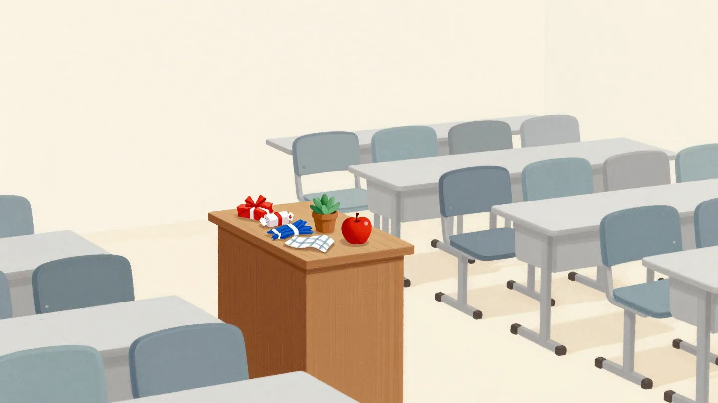 An empty classroom lectern covered in small gifts from students, a red apple on top