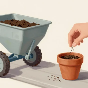 A hand sowing seeds into a red clay pot while a clogged mechanical seeder stands idle