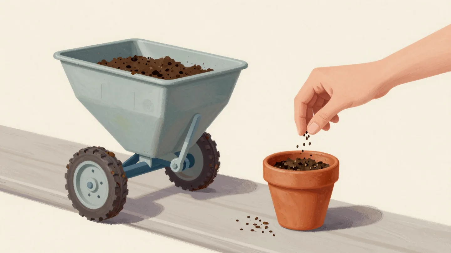 A hand sowing seeds into a red clay pot while a clogged mechanical seeder stands idle