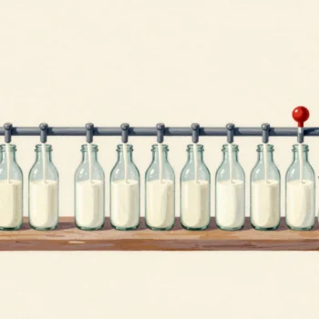 Milk pouring into a whole row of glass bottles at once from a bar of spouts in a dairy