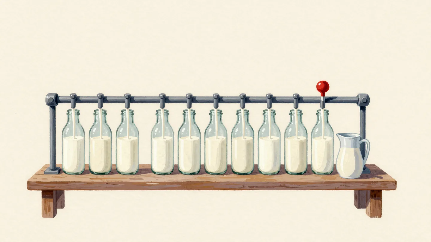 Milk pouring into a whole row of glass bottles at once from a bar of spouts in a dairy
