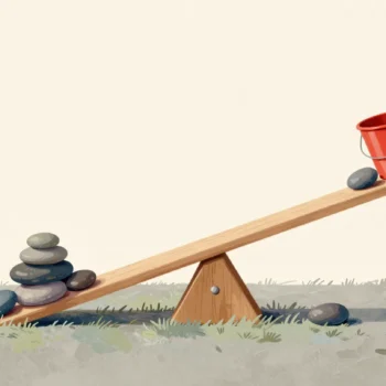 A wooden seesaw tipping as one more stone is added from a red bucket.