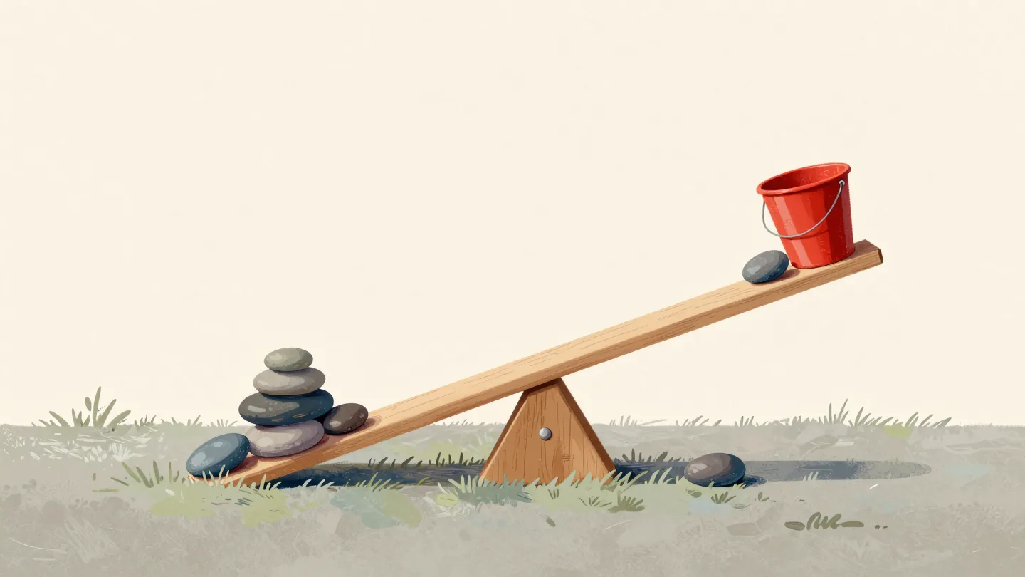 A wooden seesaw tipping as one more stone is added from a red bucket.