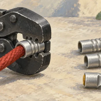 Opaque cord sleeves with matching and different crimped profiles beside crimping pliers