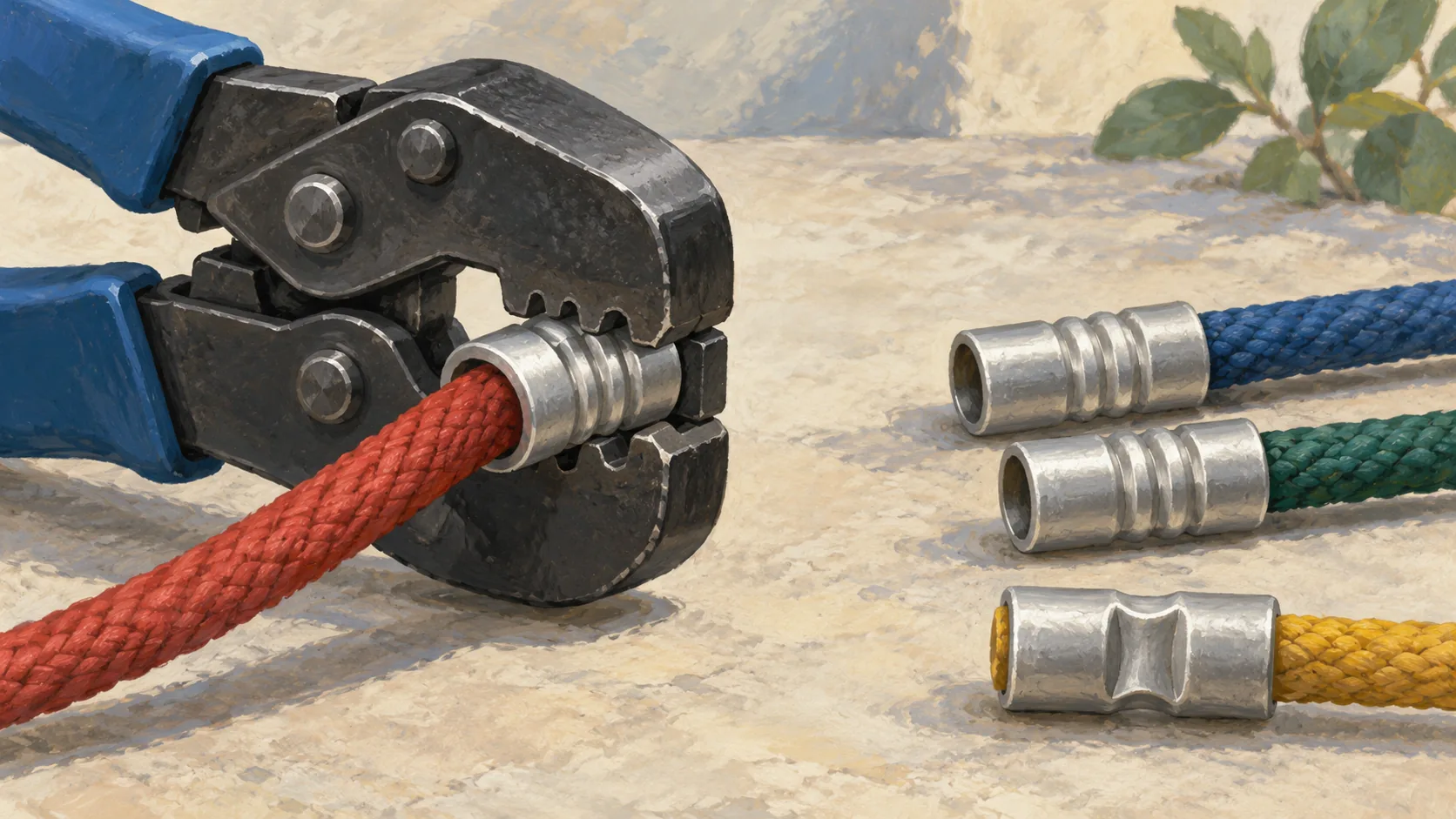 Opaque cord sleeves with matching and different crimped profiles beside crimping pliers