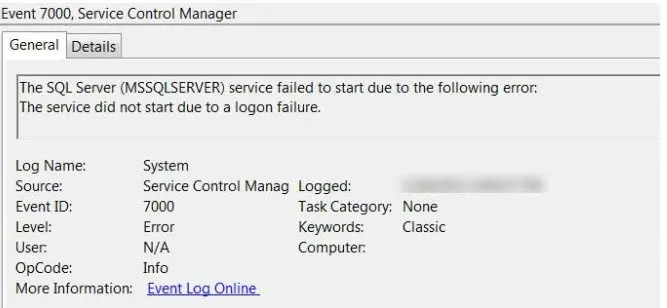 SQL Server Service Control Manager error.