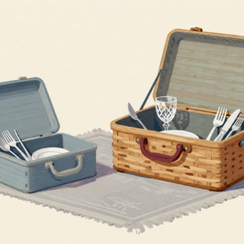 Two picnic baskets carry different sets of equipment