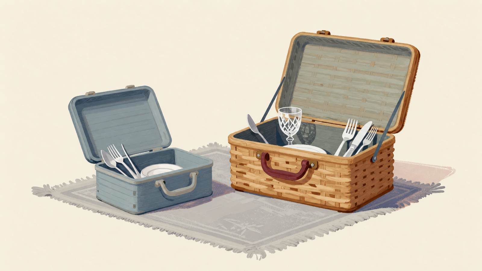 Two picnic baskets carry different sets of equipment