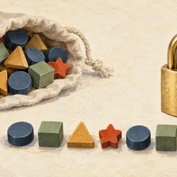 A varied sequence of wooden tokens drawn from a bag beside a brass padlock