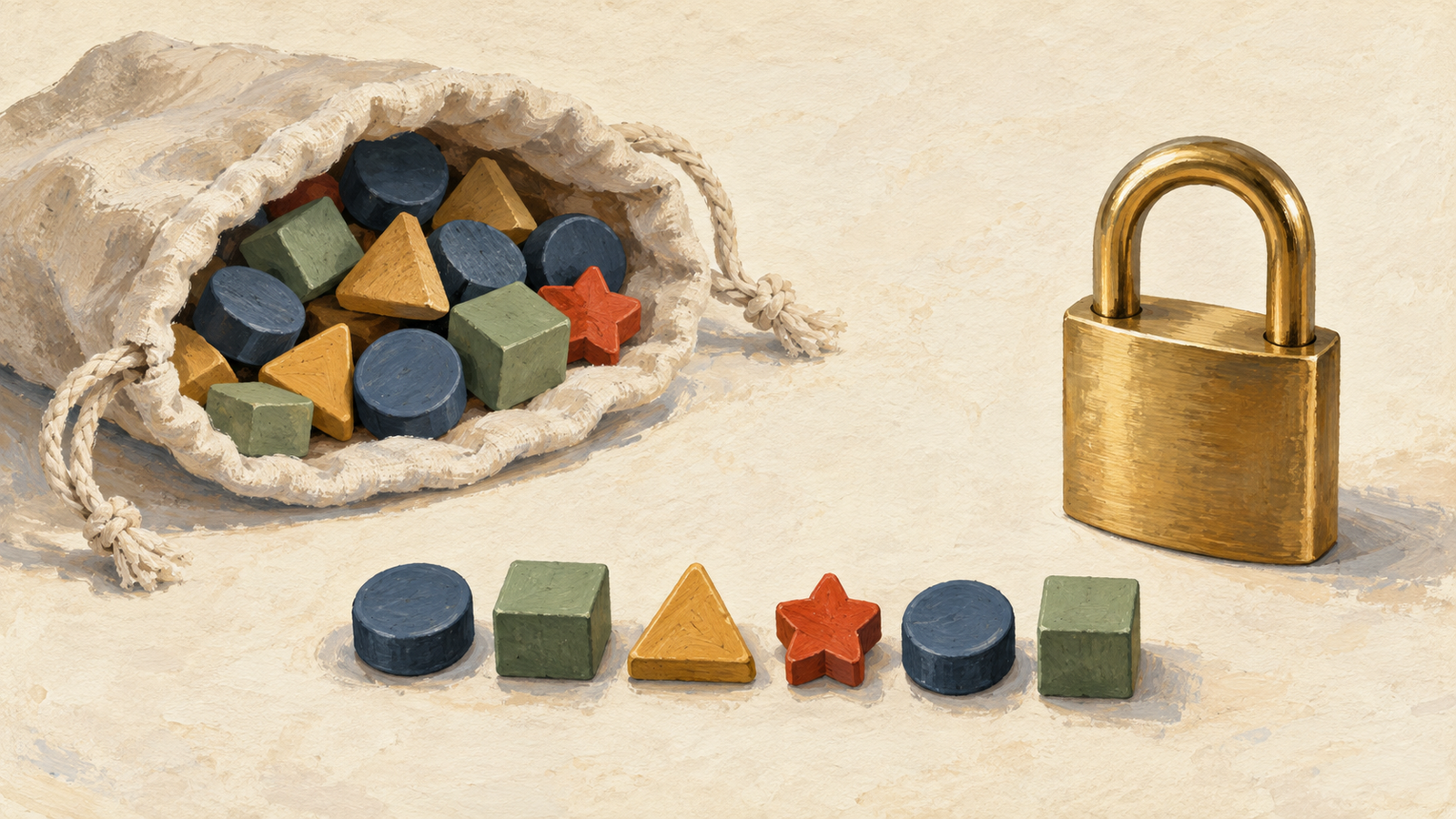 A varied sequence of wooden tokens drawn from a bag beside a brass padlock