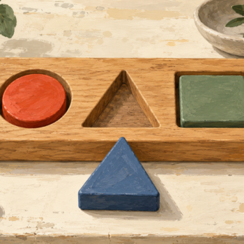 Different wooden shapes fit their corresponding recesses in a sorting board