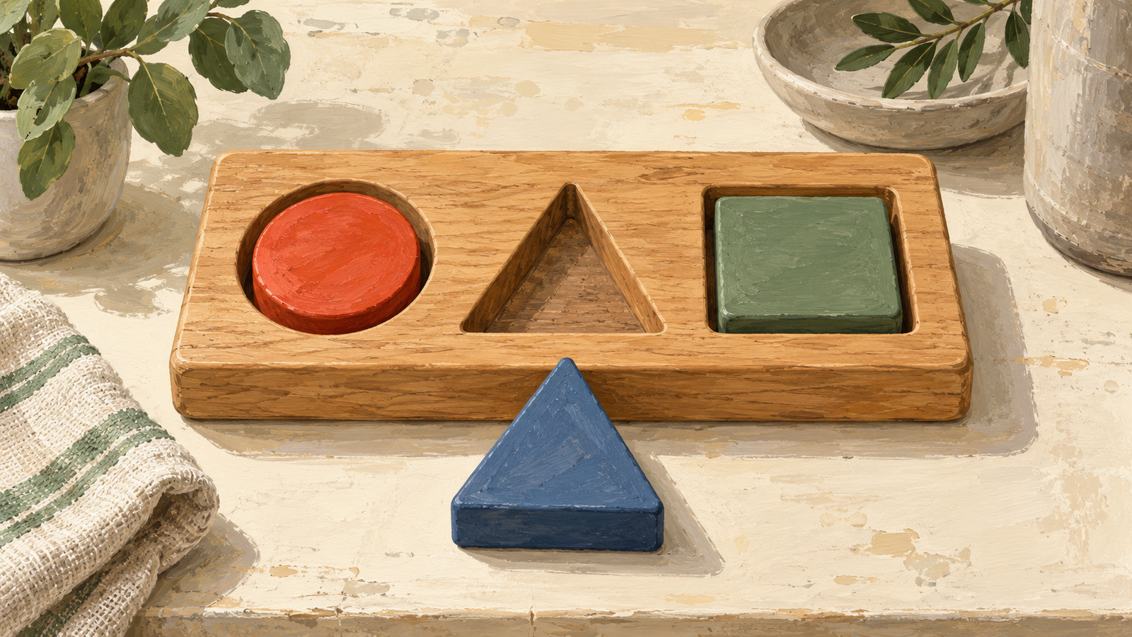 Different wooden shapes fit their corresponding recesses in a sorting board
