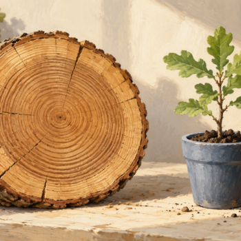 Growth rings in an established oak log beside a young sapling