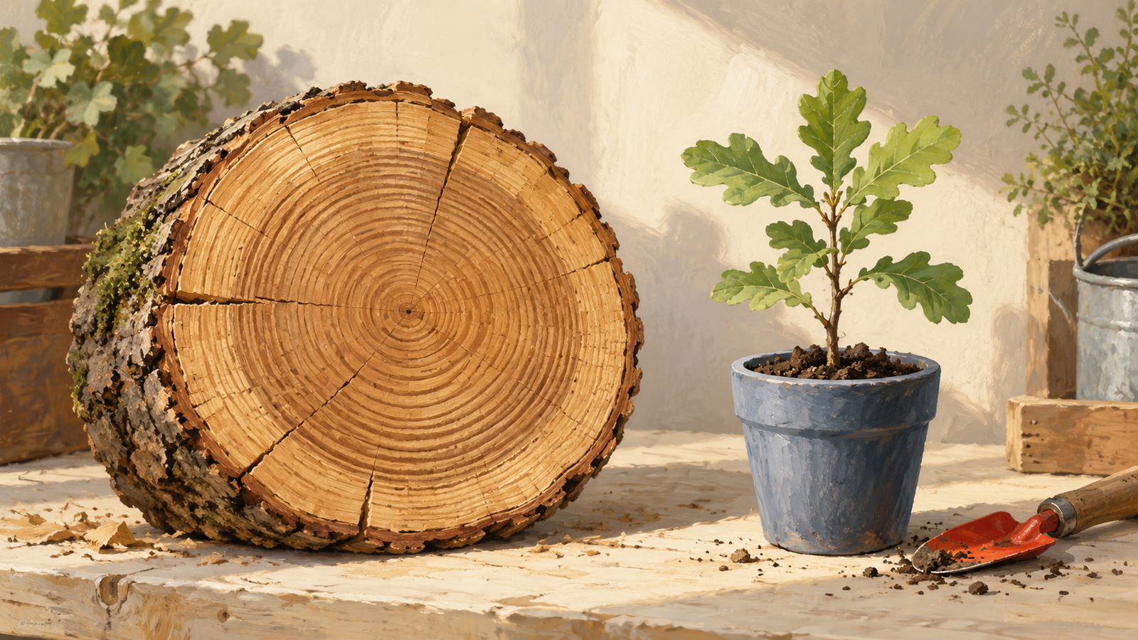 Growth rings in an established oak log beside a young sapling