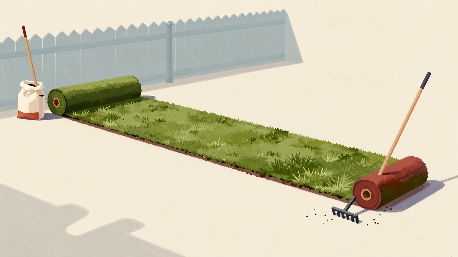 Ready-to-lay turf beside ground being prepared by hand tools