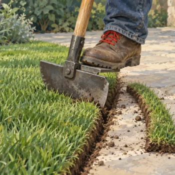 A turf edger changing one grass border while the rest of the patch remains intact