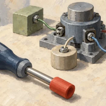 A capped nut driver beside several visibly connected mechanical components