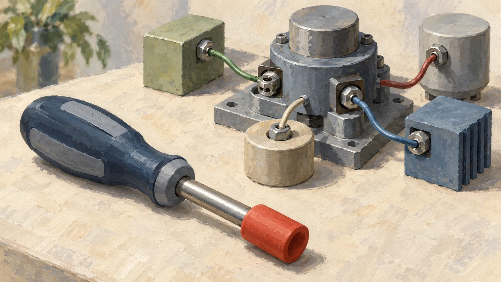 A capped nut driver beside several visibly connected mechanical components