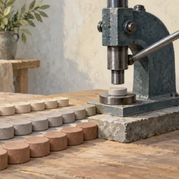 Several rows of clay discs waiting for the single working position of an arbor press