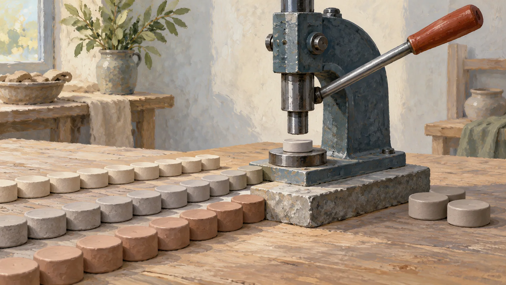 Several rows of clay discs waiting for the single working position of an arbor press