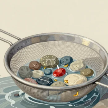A mesh sieve held in a mountain stream, stones on top and a few gold flakes caught