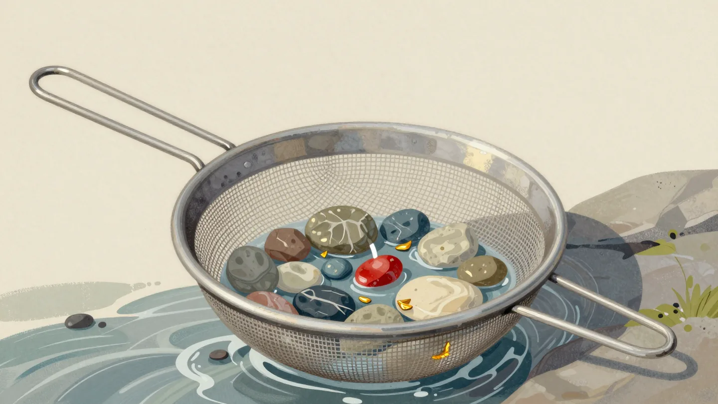 A mesh sieve held in a mountain stream, stones on top and a few gold flakes caught